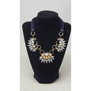Chloe + Isabel Navy Blue Cord Brass Sunburst Rhinestone Statement Bib Necklace
